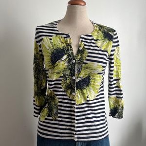 Joseph A - Dark Blue Stripped Button Down Cardigan with Green Flowers